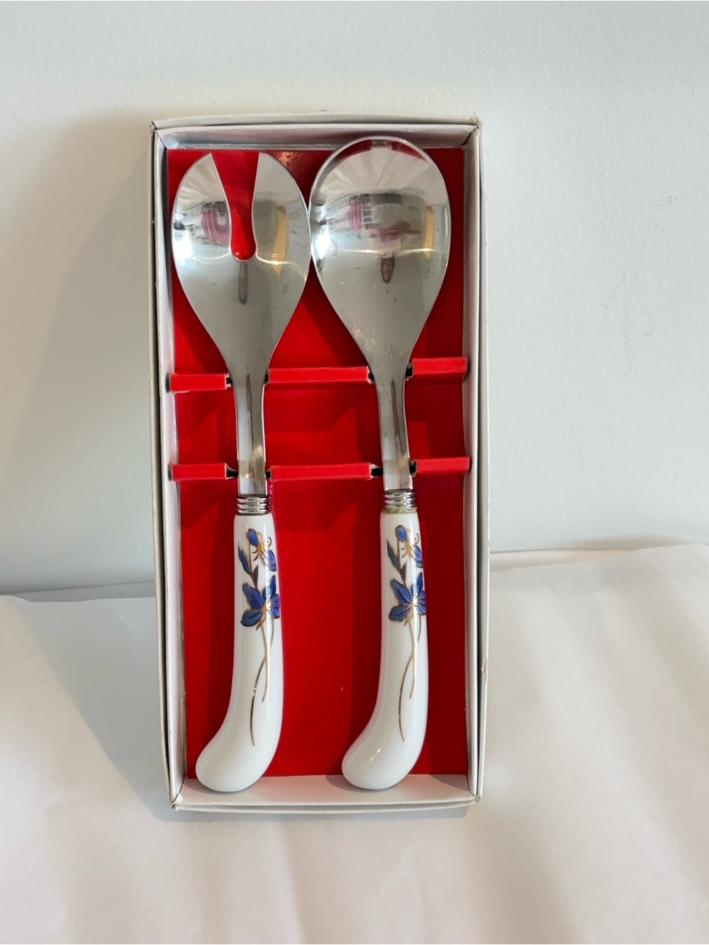 SET OF TWO utensils porcelain ceramic handles and stainless steel salad servers